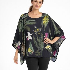Chico's Botanical Print Kimono Sleeve Blouse Chiffon Green Tropical Size L / XL